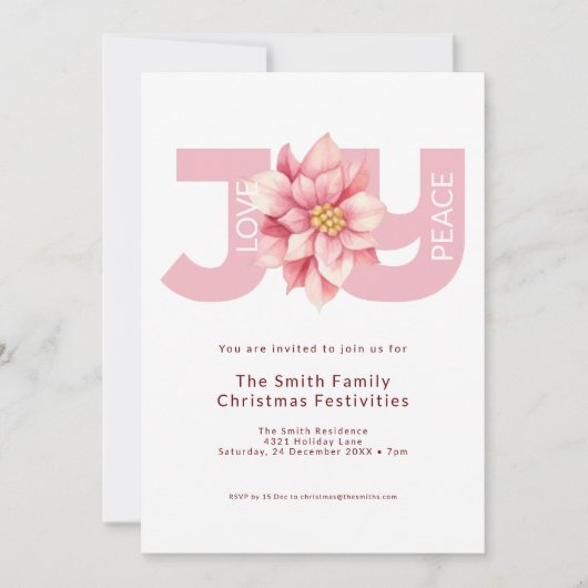 Liebe Peace Joy Pink Poinsettia Weihnachten Einladung (Vorderseite)
