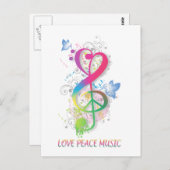 Liebe Peace Music Spritzer Wirbel Blume Vögel Postkarte (Vorne/Hinten)