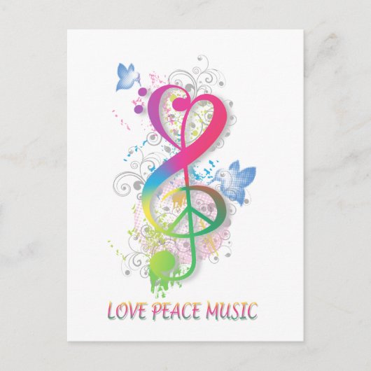 Liebe Peace Music Spritzer Wirbel Blume Vögel Postkarte (Vorderseite)