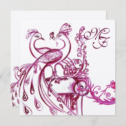 LIEBE PEACOCKS MONOGRAM Rosa Weiße Hochzeit Einlad Einladung (Vorne/Hinten)