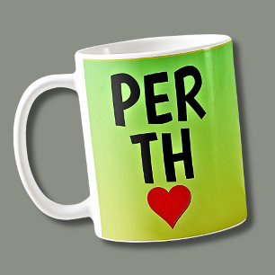 Liebe PERTH (oder Ihr Text) Herz auf grünem Gold Kaffeetasse