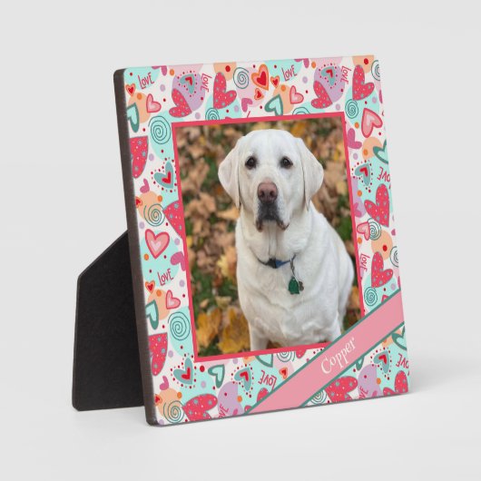 Liebe Pet Red Pink Heart Foto Angepasster Name Fotoplatte (Vorderseite)