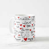 Liebe-Phrasen, Doodle-Herzen, Valentinmuster. Kaffeetasse (Vorderseite Links)