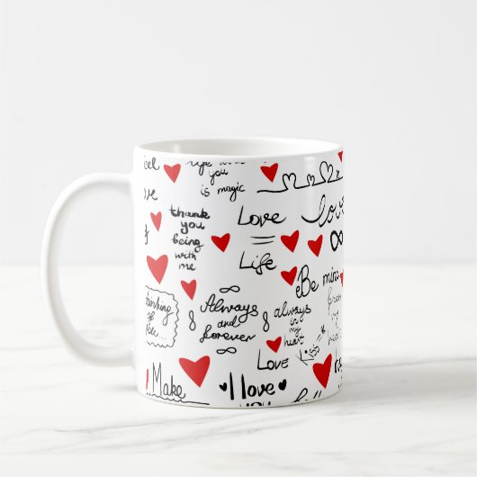 Liebe-Phrasen, Doodle-Herzen, Valentinmuster. Kaffeetasse (Links)