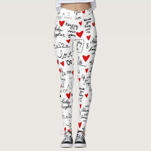 Liebe-Phrasen, Doodle-Herzen, Valentinmuster. Leggings (Vorderseite)