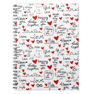 Liebe-Phrasen, Doodle-Herzen, Valentinmuster. Notizblock