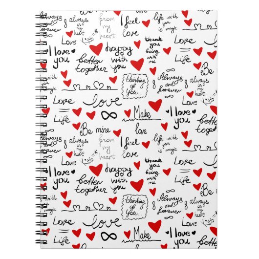 Liebe-Phrasen, Doodle-Herzen, Valentinmuster. Notizblock (Vorderseite)