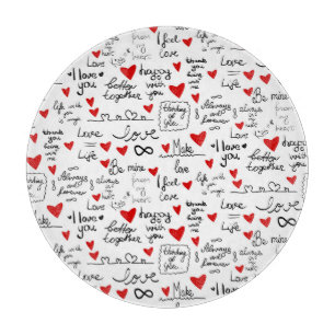 Liebe-Phrasen, Doodle-Herzen, Valentinmuster. Schneidebrett