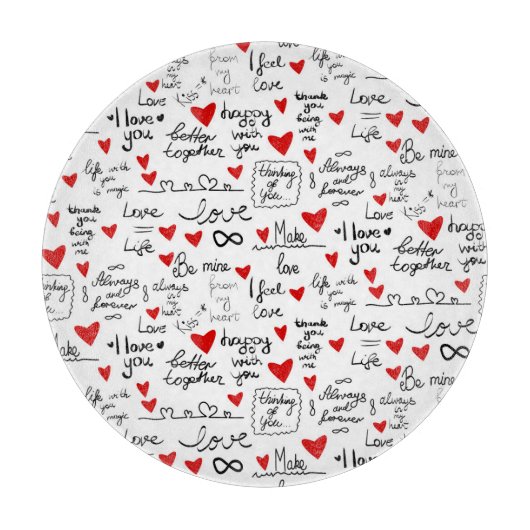Liebe-Phrasen, Doodle-Herzen, Valentinmuster. Schneidebrett (Vorderseite)