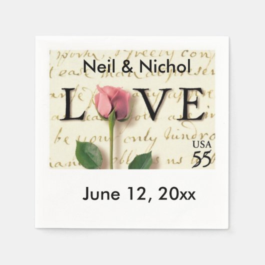 Liebe Pink Rose Scroll Briefmarke Papier Napkin Serviette (Vorderseite)