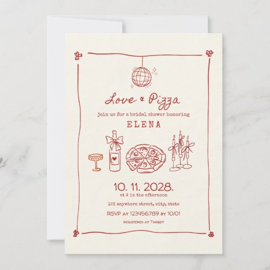 Liebe & Pizza Handgezeichnetes rotes Brautparty Einladung (Vorderseite)