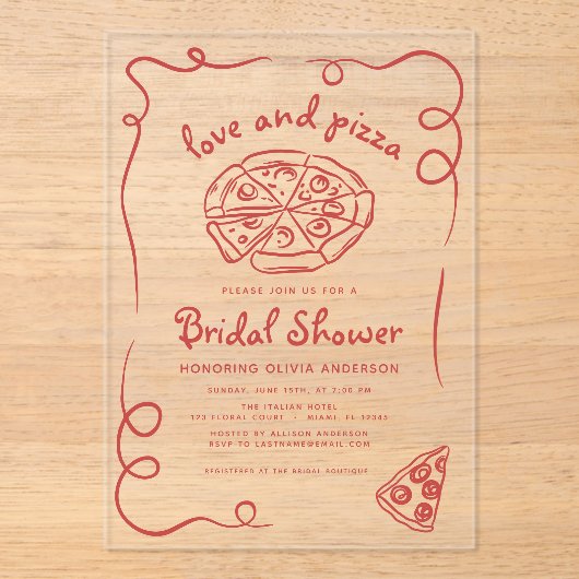 Liebe & Pizza Italienisches handgezeichnetes Braut Acryleinladungen (Vorderseite)