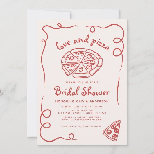 Liebe & Pizza Italienisches handgezeichnetes Braut Einladung (Vorderseite)