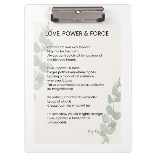 Liebe, Power, Kraft Gedichte Klemmbrett (Vorderseite)