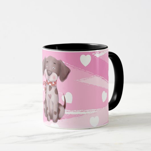 "LIEBE PUPPY" MIT PINK UND WEISSEN HERZEN TASSE (VorderseiteRechts)