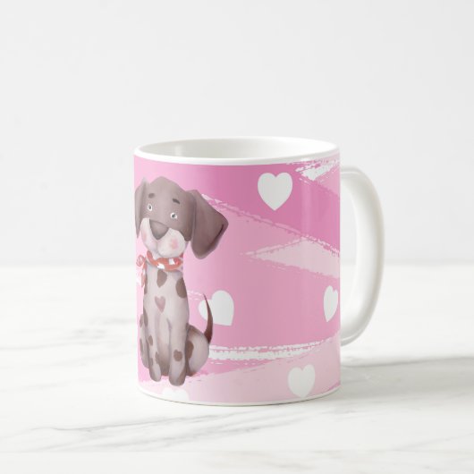 "LIEBE PUPPY" MIT PINK UND WEISSEN HERZEN TASSE (VorderseiteRechts)
