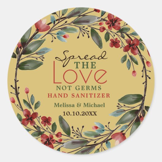 Liebe Red Floral Wreath Sanitizer Gefallen Gold Runder Aufkleber (Vorderseite)
