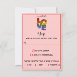 LIEBE Red Themed Blume Same Sex Wedding RSVP Card Karte