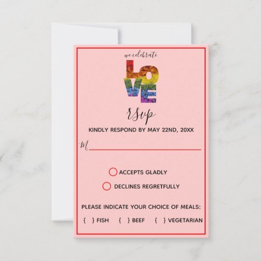 LIEBE Red Themed Blume Same Sex Wedding RSVP Card Karte (Vorderseite)