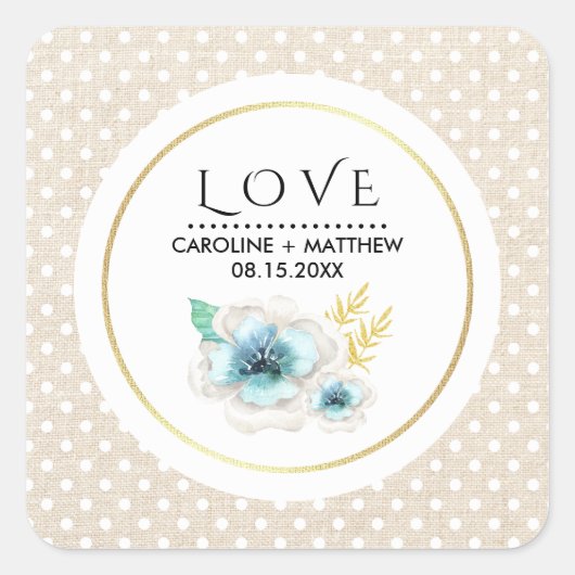 Liebe. Romantische Blumen-Burlap-Textur Hochzeit Quadratischer Aufkleber (Vorderseite)