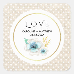 Liebe. Romantische Blumen-Burlap-Textur Hochzeit Quadratischer Aufkleber