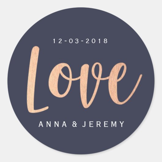 Liebe Rose Gold Navy Blue Hochzeitsticker Runder Aufkleber (Vorderseite)