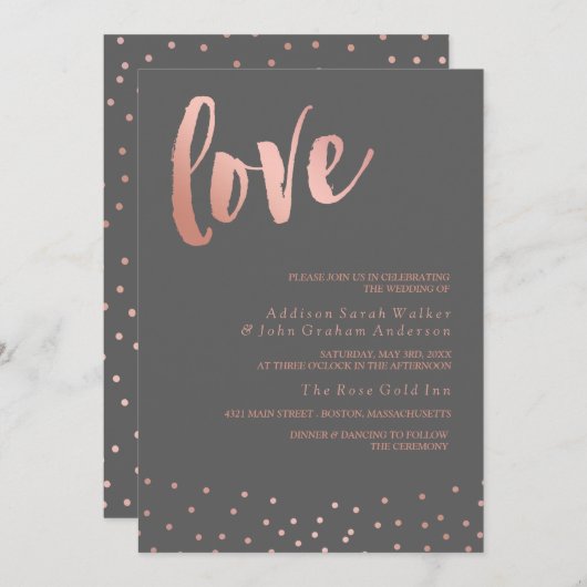 Liebe| Rose Gold und Grau| Hochzeit Einladung (Vorne/Hinten)