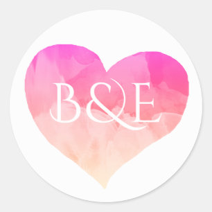 Liebe Rosette Aquarellherz + Initialen Runder Aufkleber