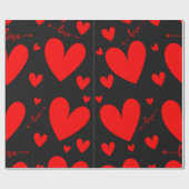 Liebe, Rote Herzen auf schwarzem Hintergrund Geschenkpapier (Flach)