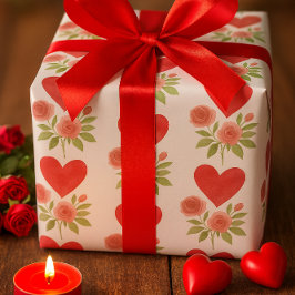 Liebe Rote Herzen Rosa Rosen Geschenkpapier
