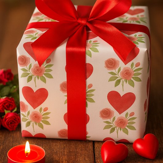 Liebe Rote Herzen Rosa Rosen Geschenkpapier