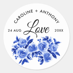 Liebe. Royal Blue Watercolor Floral Wedding Sticke Runder Aufkleber