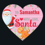 "Liebe, Santa" Lebkuchen Custom Christmas Pink Herz-Aufkleber<br><div class="desc">Ein personalisierter und niedlicher Aufkleber "Mit Liebe, Weihnachtsmann", um Ihre Weihnachtsgeschenke anzubringen! Ändern Sie den Namen für ein individuelles Weihnachtsgeschenk vom Weihnachtsmann! Der Weihnachtsmann und ein Lebkuchenmann mit Weihnachtsgrün auf rosa Hintergrund.</div>