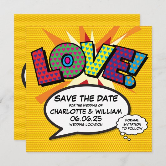 LIEBE Save the Date Fun Retro Comic Pop Art (Vorne/Hinten)