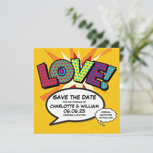 LIEBE Save the Date Fun Retro Comic Pop Art (Stehend Vorderseite)
