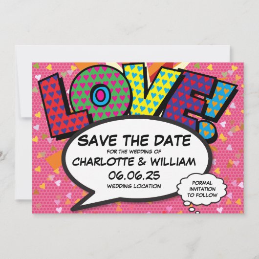 LIEBE Save the Date Fun Retro Comic Pop Art (Vorderseite)