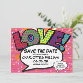LIEBE Save the Date Fun Retro Comic Pop Art (Stehend Vorderseite)