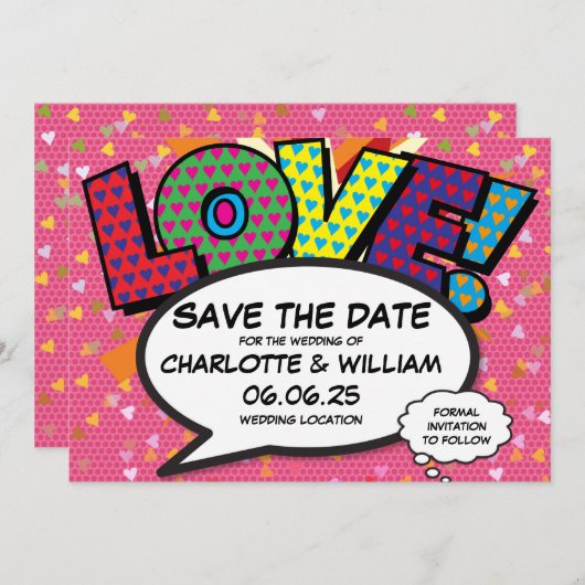 LIEBE Save the Date Fun Retro Comic Pop Art (Vorne/Hinten)