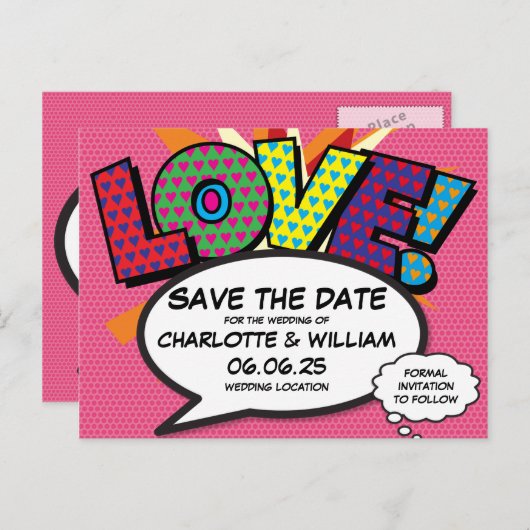 LIEBE Save the Date Fun Retro Comic Pop Art Ankündigungspostkarte (Vorne/Hinten)