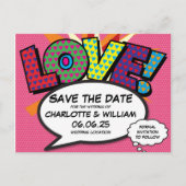 LIEBE Save the Date Fun Retro Comic Pop Art Ankündigungspostkarte (Vorderseite)