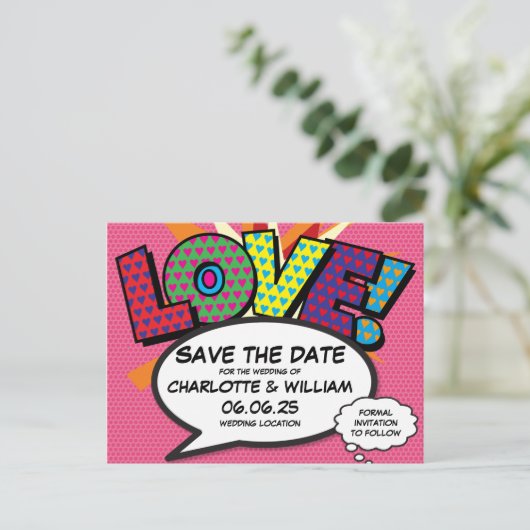 LIEBE Save the Date Fun Retro Comic Pop Art Ankündigungspostkarte (Stehend Vorderseite)
