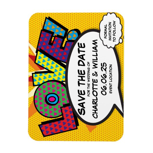 LIEBE Save the Date Fun Retro Comic Pop Art Magnet (Vertikal)