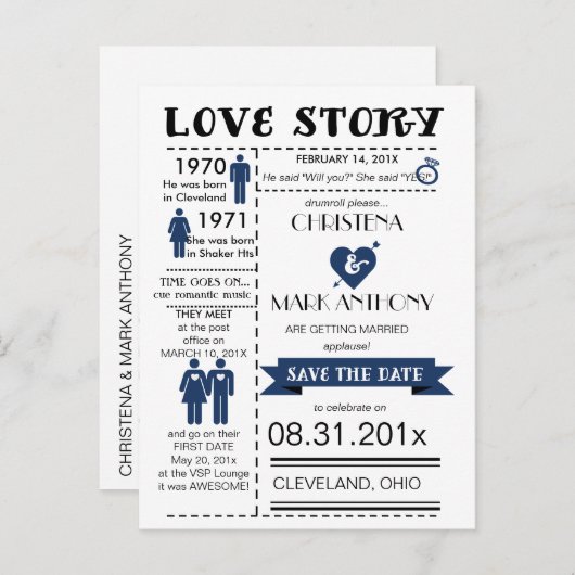 Liebe Save the Date Postkarte (Marine) (Vorne/Hinten)