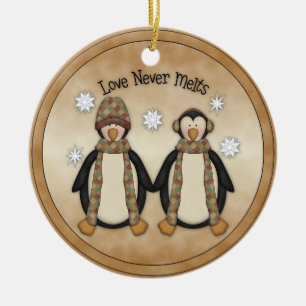 Liebe schmilzt nie:: Pinguin-Feiertags-Verzierung Keramikornament