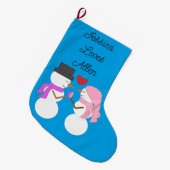 Liebe & Schneemenschen: Blau-grün Großer Weihnachtsstrumpf (Vorderansicht (hängend))
