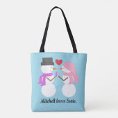 Liebe & Schneemenschen: Hellblau Tasche (Rückseite)