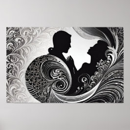 Liebe Schwarz-Weiß-Silber-Silhouette Poster