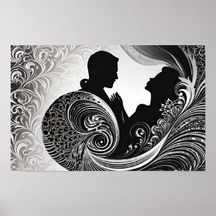 Liebe Schwarz-Weiß-Silber-Silhouette Poster