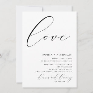 Liebe. Schwarz-weiße Kalligrafie einfache Hochzeit Einladung