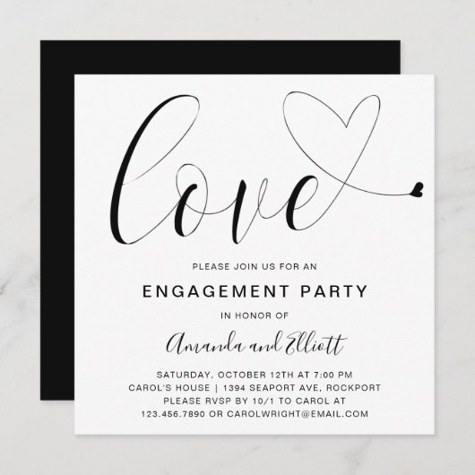 Liebe Schwarz-weiße Typografie Engagement Partei Einladung (Vorne/Hinten)